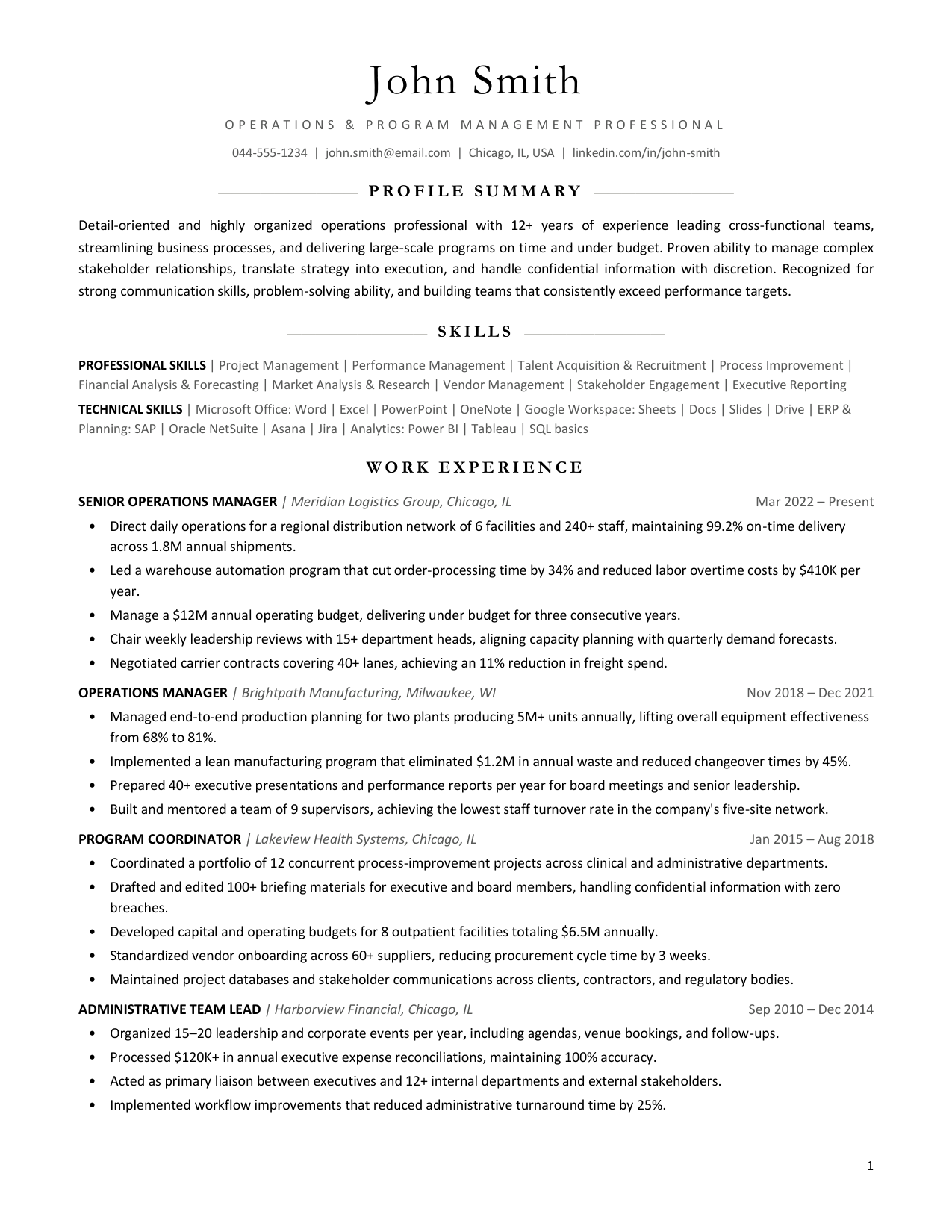 Sample resume format, classic serif layout