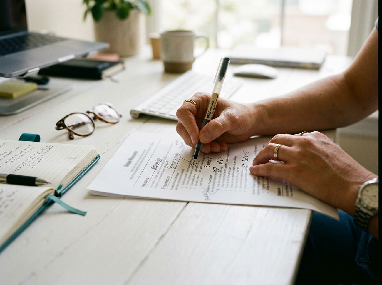 An editor marking up a printed resume with a pen